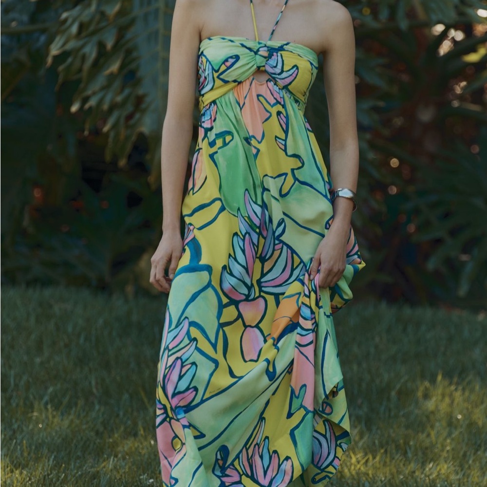 FARM Rio Anthropologie Halter Printed Multicolor Maxi Dress